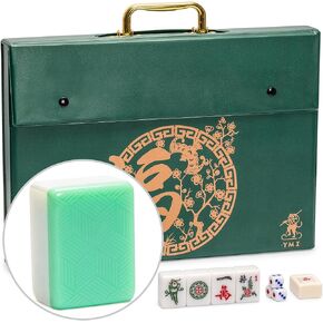 Yellow Mountain Imports Classic Chinese Mahjong Game Set, Emerald with 148 Translucent Green Tiles and Wooden Case