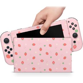 ZOOMHITSKINS Compatible with Switch Skin Cover, Cute Light Pastel Pink Strawberry Daisy Flower Kawaii, Vinyl Decal Sticker Wrap, Made in The USA
