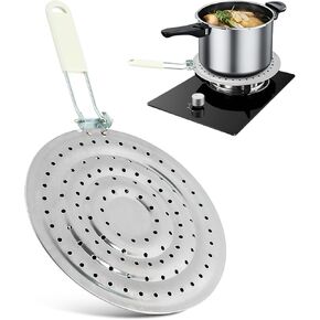 Gas hob Heat Diffuser, Stainless Steel Flame Diffuser Cook Ring Heat Diffuser with Folding Handle Heat Spreader Plate for Gas Stove Cooktop Converter(Sliver)