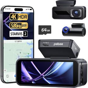 Pelsee P1 Pro Dash Cam Cam الأمامي والخلفي ، مستشعر Starvis 2 ، كاميرا DASH مزدوجة 4K للسيارات مع AI Night Vision ، HDR WDR ، ADAS ، GPS WIFI ، التحكم في الصوت والتطبيق ، وضع وقوف السيارات 24H ، شاشة 3.39 "، 64 جيجابايت بطاقة