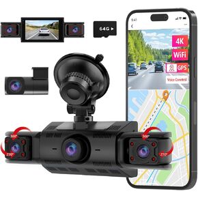 4K Dash Cam 360° View,4 Channel Front and Rear Inside, Left Right Dash Camera for Cars,WDR Night Vision,Smart Voice Control,Built-in WiFi&GPS,APP Control,G-Sensor, 24H Parking Mode, Free 64GB SD Card