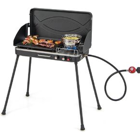 Giantex 2-in-1 Gas Camping Grill and Stove, Portable Propane Grill Burner with Dual Control Knobs, Detachable Legs, 3-Sided Wind Screen, Gas Hose with Regulator, 20,000 Total BTUs (Black)