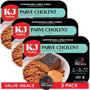KJ Poultry Kosher Parve Ready Meals - Cholent MRE Meals Ready to Eat, Halal, (12 Pack) Prepared Entree Fully Cooked, Shelf Stable Microwave Dinner Travel, Military, Camping, Emergency Survival