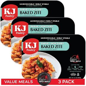 KJ Poultry Kosher Parve Ready Meals - Baked Ziti, MRE Meals Ready to Eat, Halal, (6 Pack) Prepared Entree Fully Cooked, Shelf Stable Microwave Dinner Travel, Military, Camping, Emergency Survival