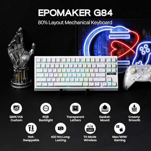 EPOMAKER G84 80% RGB Gaming Mechanical Keyboard, 2.4GHz/ Type-C/BT Wireless Keyboard, QMK/VIA Programmable, Hot-Swappable, NKRO, with Shine Through PBT Keycaps for Gamers (White, Creamy Jade Switch) in Saudi Arabia