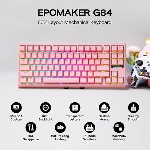 Epomaker G84 80 ٪ RGB لوحة مفاتيح ميكانيكية للألعاب ، 2.4 جيجا هرتز/Type-C/BT اللوحة اللاسلكية ، QMK/عبر برنامج NKRO قابل للبرمجة ، قابلة للتبديل ، مع تألق من خلال مفاتيح PBT للاعبين (أبيض ، مفتاح JADE الكريمي) in Saudi Arabia
