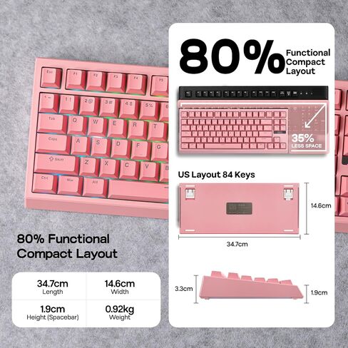 Epomaker G84 80 ٪ RGB لوحة مفاتيح ميكانيكية للألعاب ، 2.4 جيجا هرتز/Type-C/BT اللوحة اللاسلكية ، QMK/عبر برنامج NKRO قابل للبرمجة ، قابلة للتبديل ، مع تألق من خلال مفاتيح PBT للاعبين (أبيض ، مفتاح JADE الكريمي) in Saudi Arabia