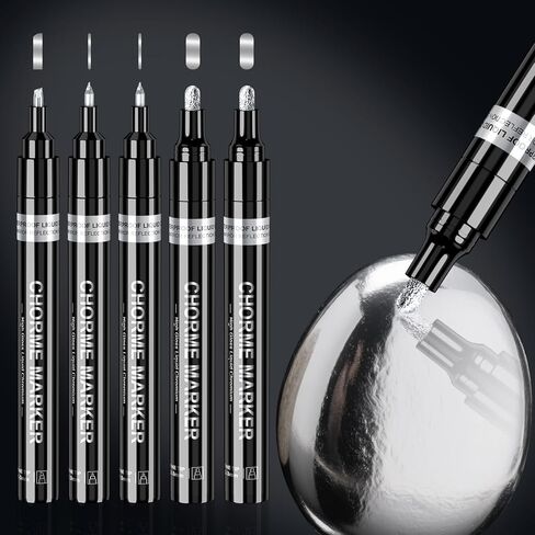 5 قلم طلاء من الكروم - علامة كروم مرآة للنماذج البلاستيكية طقم إصلاح المعادن للإطارات DIY، قلم كروم سائل، قلم تحديد دائم فضي معدني عاكس، قلم طلاء كروم مقاوم للماء (2-3 مم / 1 مم / 1-3 مم) in Kuwait