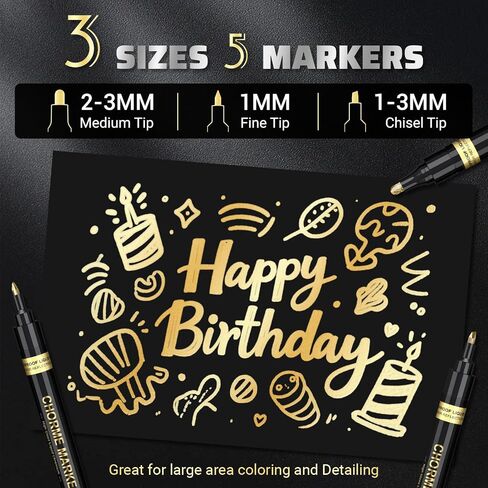 5 Liquid Gold Paint Pens for Art, Mirror Chrome Marker, Reflective Gloss Permanent Marker, Touch Up Repair Paint Pen for Model, Wood, Rock, Glass, and Christmas Ornaments Craft (2-3mm / 1mm / 1-3mm) in Saudi Arabia
