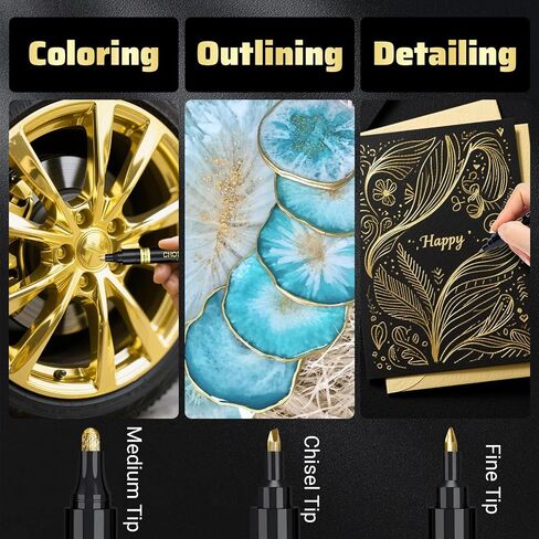 5 Liquid Gold Paint Pens for Art, Mirror Chrome Marker, Reflective Gloss Permanent Marker, Touch Up Repair Paint Pen for Model, Wood, Rock, Glass, and Christmas Ornaments Craft (2-3mm / 1mm / 1-3mm) in Saudi Arabia