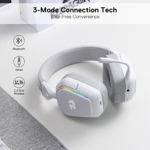 Redragon H868 3-Mode Wireless RGB Gaming Headset, 7.1 Surround Sound, 40 mm Drivers, Leather Foam Ear Pads, Noise-canceling Microphone, Over-Ear Headphones Works for Mobile, PC/PS5/XBOX/NS, White in Saudi Arabia