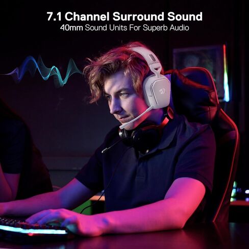 Redragon H868 3-Mode Wireless RGB Gaming Headset, 7.1 Surround Sound, 40 mm Drivers, Leather Foam Ear Pads, Noise-canceling Microphone, Over-Ear Headphones Works for Mobile, PC/PS5/XBOX/NS, White in Saudi Arabia