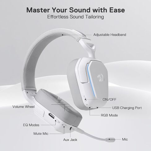 Redragon H868 3-Mode Wireless RGB Gaming Headset, 7.1 Surround Sound, 40 mm Drivers, Leather Foam Ear Pads, Noise-canceling Microphone, Over-Ear Headphones Works for Mobile, PC/PS5/XBOX/NS, White in Saudi Arabia