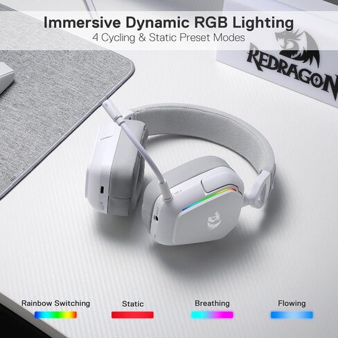 Redragon H868 3-Mode Wireless RGB Gaming Headset, 7.1 Surround Sound, 40 mm Drivers, Leather Foam Ear Pads, Noise-canceling Microphone, Over-Ear Headphones Works for Mobile, PC/PS5/XBOX/NS, White in Saudi Arabia
