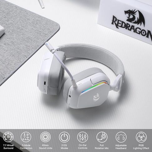 Redragon H868 3-Mode Wireless RGB Gaming Headset, 7.1 Surround Sound, 40 mm Drivers, Leather Foam Ear Pads, Noise-canceling Microphone, Over-Ear Headphones Works for Mobile, PC/PS5/XBOX/NS, White in Saudi Arabia