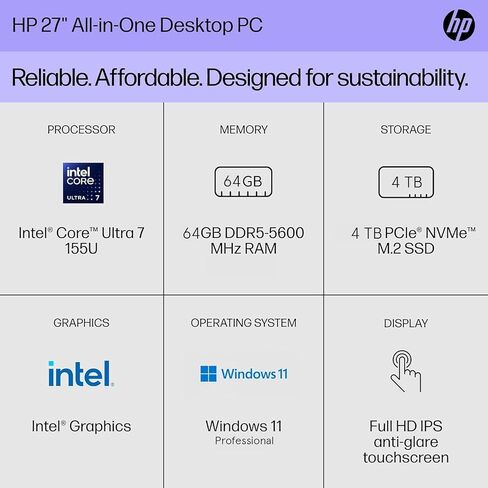 HP All في جهاز كمبيوتر واحد على سطح المكتب 27 بوصة شاشة تعمل باللمس ، Intel 12-Core Ultra 7 155U (حتى 4.8 جيجاهرتز) ، 64 جيجابايت DDR5 ، 4 تيرابايت SSD ، FHD ، Wi-Fi 6 ، Windows 11 Pro Office Pro 2024 ترخيص الحياة ، الملحقات in Kuwait