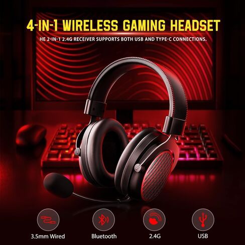 Redragon H540 سماعات ألعاب لاسلكية للكمبيوتر الشخصي ، PS4/5 ، Xbox ، التبديل ، 4 بوضع (2.4 جم/BT/USB/3.5 مم) - 7.1 صوت محيطي - سماعات ألعاب برامج تشغيل 53 مم مع ميكروفون لإلغاء الضوضاء - رغوة الذاكرة in Kuwait