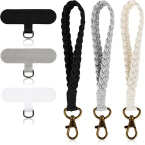 3Pcs Boho Macrame Phone Wrist Strap, Phone Wristlet Strap with 3Pcs Tether Tab Handmade Cotton Lanyard Keychain Wristlet Universal Anti-Loss Bracelet Chain(Black, White, Gray)