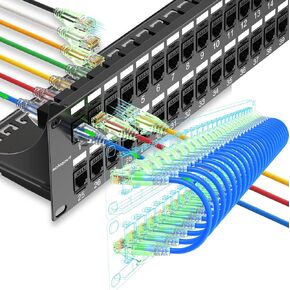 لوحة التصحيح 48 Port Cat6 مع jeystone coupler وكابلات التصحيح Cat6a Slim 1ft (24 pack) الأزرق