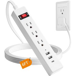 6 FT Flat Plug Extension Cord, Power Surge Protector Strip, with 3 AC Outlets and 3 USB Ports(1USB-C), for Behind Bed, Home, Office, Dorm, White