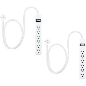 GE 6-Outlet Surge Protector Power Strip 2-Pack, 2ft Braided Extension Cord, 245J Protection, Flat Plug, Wall Mount, Circuit Breaker, ETL Certified, White, 86075