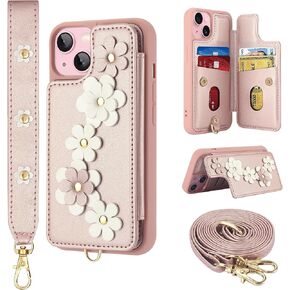 Compatible with iPhone 15 Wallet Case with Card Holder for Women, Kickstand, Crossbody Lanyard, Wrist Strap Flower Leather Flip Cover Designed for iPhone 15 6.1", Beige