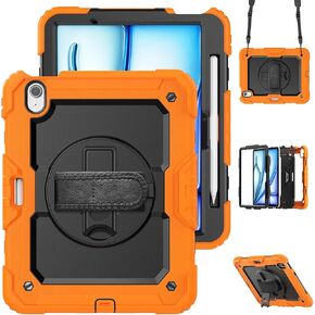 Case for iPad Air 11 inch 2024 M2,iPad Air 11 inch A2900 A2899 Case with Screen Protector Pencil Holder,Kids Shockproof Protective Rugged Silicone Cover 360° Stand Hand/Shoulder Strap,Orange
