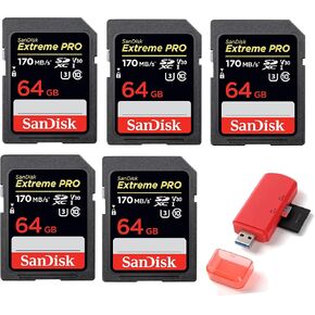 Sandisk 64GB SecureDigital Extreme PRO SDXC UHS-I Card C10,U3,V30 170MB/s - Pack of 5 - with Memory Card Reader