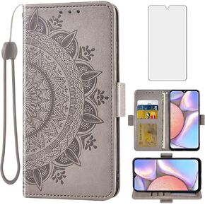 Asuwish Compatible with Samsung Galaxy A10s Wallet Case Tempered Glass Screen Protector Card Holder Flip Purse Accessories Wrist Strap Stand Cell Phone Cover for Glaxay Galaxies A10x Men Grey