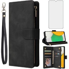 Asuwish Compatible with Samsung Galaxy M33 5G Wallet Case Tempered Glass Screen Protector and Leather Flip Cover Card Holder Stand Cell Accessories Rugged Phone Cases for Gaxaly 33M G5 Women Men Black