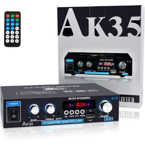 Home Audio Amplifier Receivers 200W Bluetooth 5.0 RMS 30W x 2 AK35 Stereo Receiver for Speakers 2.0 Channel Power Amp with Bass & Treble Remote Control w/USB/TF/MIC/AUX Input