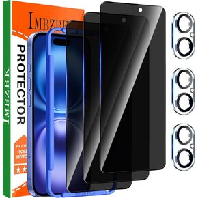 IMBZBK Privacy Screen Protector for iPhone 16 Plus Tempered Glass Accessories with Camera Lens Protector, Anti spy Case Friendly [3+3 Pack]