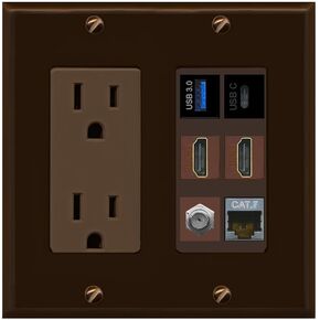 RiteAV USB 3 USB C 2 HDMI Coax Cat7 Wall Plate - Outlet [Black/Black]