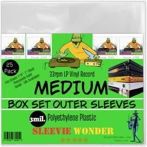 Sleevie Wonder Medium Box Set Outer Plastic Sleeves (x25) 3mil Thick Polyethylene for 33rpm LP Vinyl Record Album Boxset Best Protects 7/8""- 1"" Boxes (+1 Free Dj Sticker)