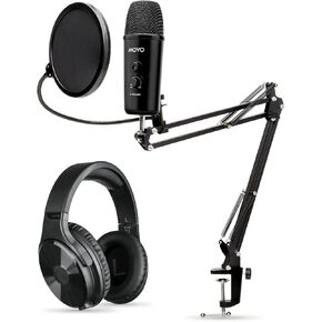 Movo Computer Microphone Podcast Kit with Studio Headphones, Mount, and Pop Filter - Podcast and Gaming Mic for PC, Mac, Over Ear Headphones Wired for 6.35mm, 3.5mm Input - Music Studio Accessories