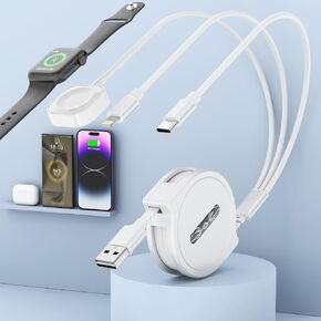 2024 Retractable iWatch Charger for Car, 3 in 1 Retractable Multi Apple Watch Charger, USB Charging Cable 3 Chargers Simultaneous 3A Rapid for Apple Watch Series, iPhone & Pad Series Galaxy (White)