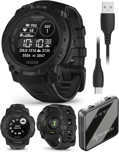 Wearable4U Garmin Instinct 3 Tactical Edition, Solar Charging Display, 45mm, Rugged Outdoor GPS Smartwatch, Applied Ballistics Support, LED Flashlight, Multi-Band GPS Black Earbuds Bundle in Saudi Arabia