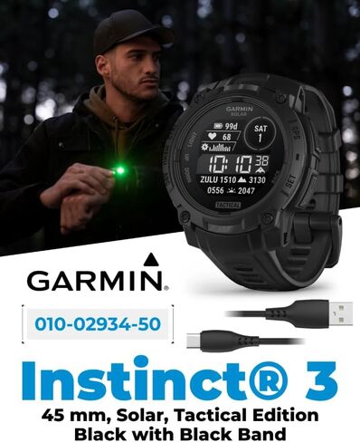 Wearable4U Garmin Instinct 3 Tactical Edition, Solar Charging Display, 45mm, Rugged Outdoor GPS Smartwatch, Applied Ballistics Support, LED Flashlight, Multi-Band GPS Black Earbuds Bundle in Saudi Arabia