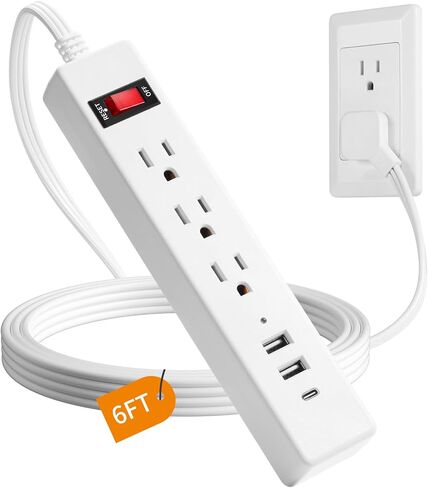 سلك امتداد قابس مسطح 6 قدم ، شريط حامي زيادة الطاقة ، مع 3 منافذ AC و 3 منافذ USB (1USB-C) ، لخلف السرير ، المنزل ، المكتب ، المسكن ، الأبيض in Kuwait