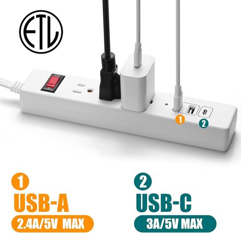 سلك امتداد قابس مسطح 6 قدم ، شريط حامي زيادة الطاقة ، مع 3 منافذ AC و 3 منافذ USB (1USB-C) ، لخلف السرير ، المنزل ، المكتب ، المسكن ، الأبيض in Kuwait
