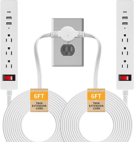 سلك امتداد قابس مسطح 6 قدم ، شريط حامي زيادة الطاقة ، مع 3 منافذ AC و 3 منافذ USB (1USB-C) ، لخلف السرير ، المنزل ، المكتب ، المسكن ، الأبيض in Kuwait