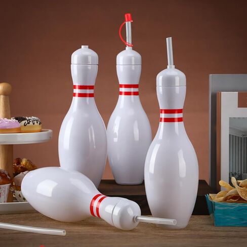 Funtery Bowling Pin Water Bottles with Straws and Lids 25 oz Reusable Bowling Pin Bottles Plastic Red White Bowling Party Favors Birthday Sports Competition Bowling Fans Players Party Supplies(4 Set) in Saudi Arabia