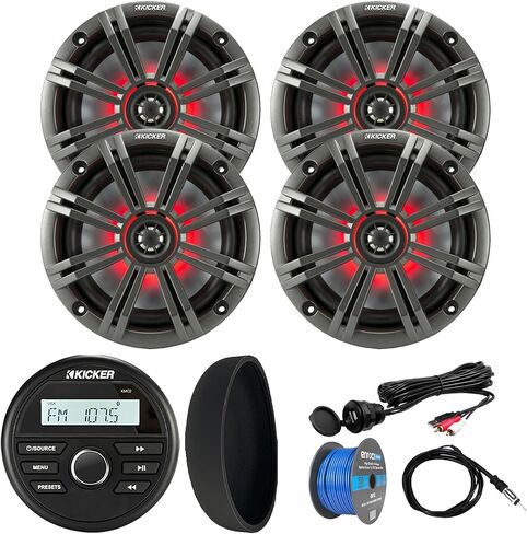 KICKER 46KMC2 Marine Bluetooth All-Weather AM/FM USB/AUX Gauge Style Media Center Receiver W/Black Cover, 4X 6.5 195W Max RGB LED Speakers W/White Grille, USB/AUX Adapter, Speaker Wire, Antenna in Saudi Arabia