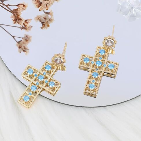 Bohemian Gold Dangle Filigree Earrings for Women Vintage Hollow Metal Square Geometric Statement Earrings Blue Crystal Rhinestone Boho Dangling Party Earrings Classic Jewelry Gift for Girls in Saudi Arabia