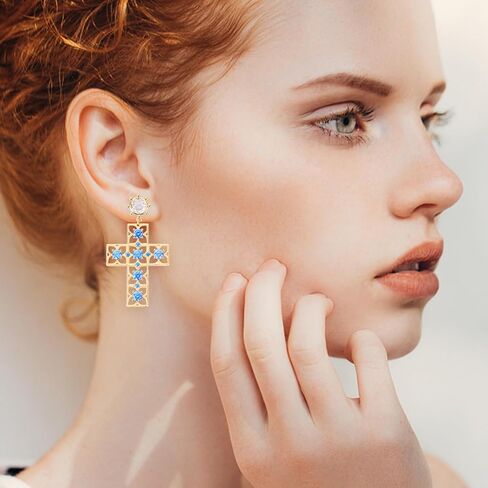 Bohemian Gold Dangle Filigree Earrings for Women Vintage Hollow Metal Square Geometric Statement Earrings Blue Crystal Rhinestone Boho Dangling Party Earrings Classic Jewelry Gift for Girls in Saudi Arabia