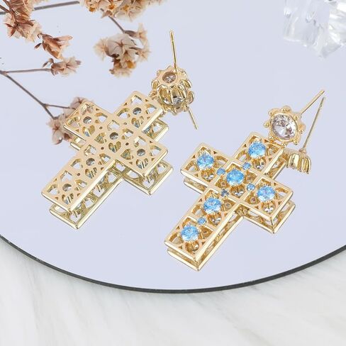 Bohemian Gold Dangle Filigree Earrings for Women Vintage Hollow Metal Square Geometric Statement Earrings Blue Crystal Rhinestone Boho Dangling Party Earrings Classic Jewelry Gift for Girls in Saudi Arabia
