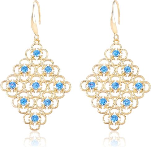 Bohemian Gold Dangle Filigree Earrings for Women Vintage Hollow Metal Square Geometric Statement Earrings Blue Crystal Rhinestone Boho Dangling Party Earrings Classic Jewelry Gift for Girls in Saudi Arabia
