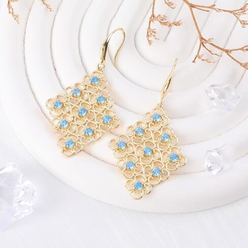 Bohemian Gold Dangle Filigree Earrings for Women Vintage Hollow Metal Square Geometric Statement Earrings Blue Crystal Rhinestone Boho Dangling Party Earrings Classic Jewelry Gift for Girls in Saudi Arabia