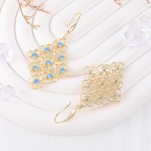 Bohemian Gold Dangle Filigree Earrings for Women Vintage Hollow Metal Square Geometric Statement Earrings Blue Crystal Rhinestone Boho Dangling Party Earrings Classic Jewelry Gift for Girls in Saudi Arabia