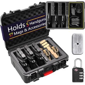 Pistol Gun Case for 5 Handguns – Holds Multiple Handguns Case & 17 Magazines | TSA-Approved, Pre-Cut Multiple Gun Heavy Duty Waterproof Pistol Case with 1 TSA Locks & Silica Gel Canister - Black
